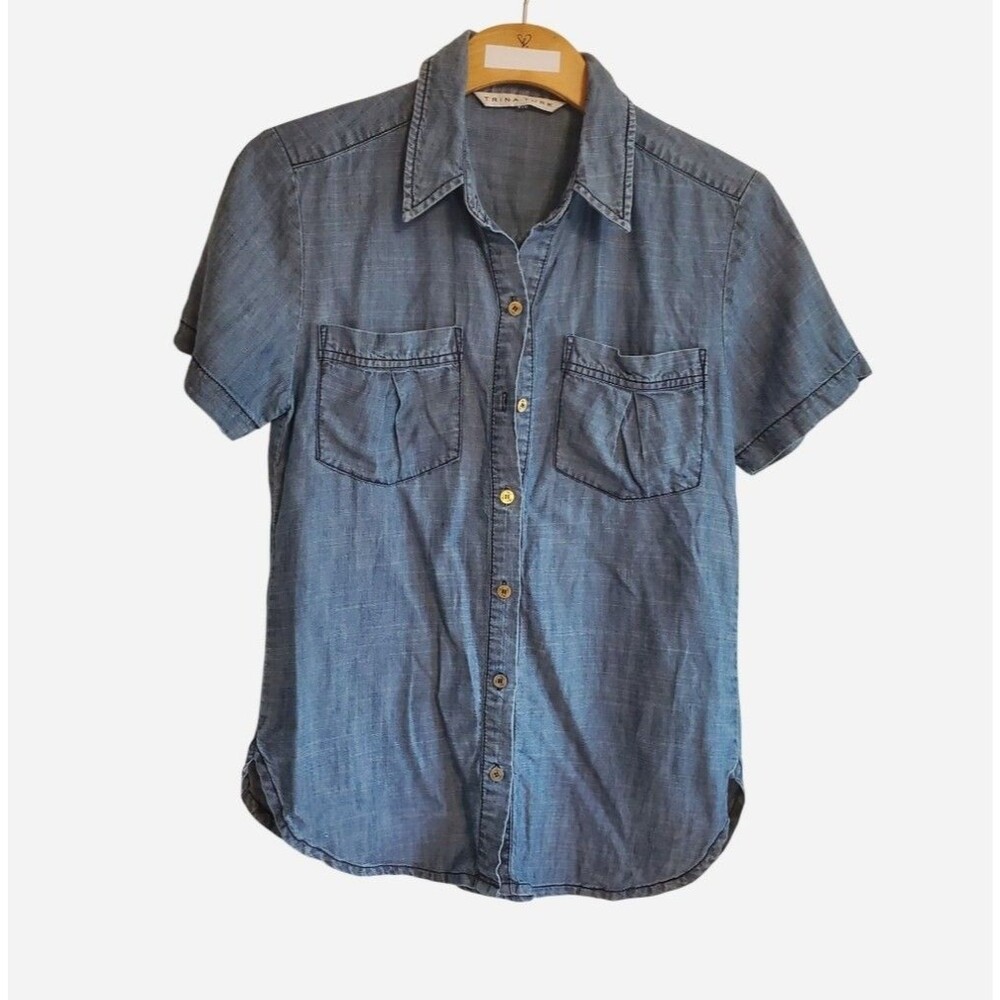 Trina Turk Linen Tencel Blend Chambray Demin Button Up Top Size XS Western Prepp
